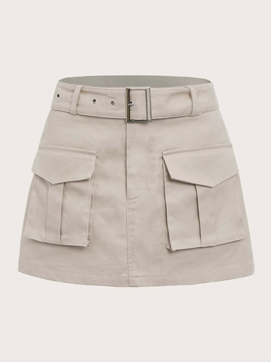 Throw It Back Buckle Belted Cargo Skirt