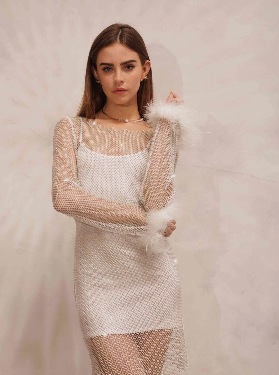 Enchanted Rhinestone Mesh Feather Dress