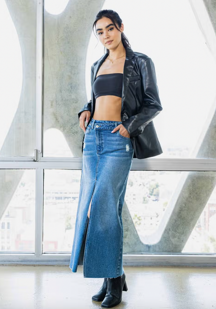 Split Decision Denim Maxi Skirt