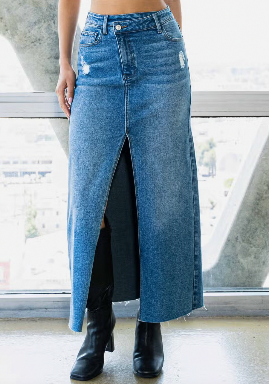 Split Decision Denim Maxi Skirt