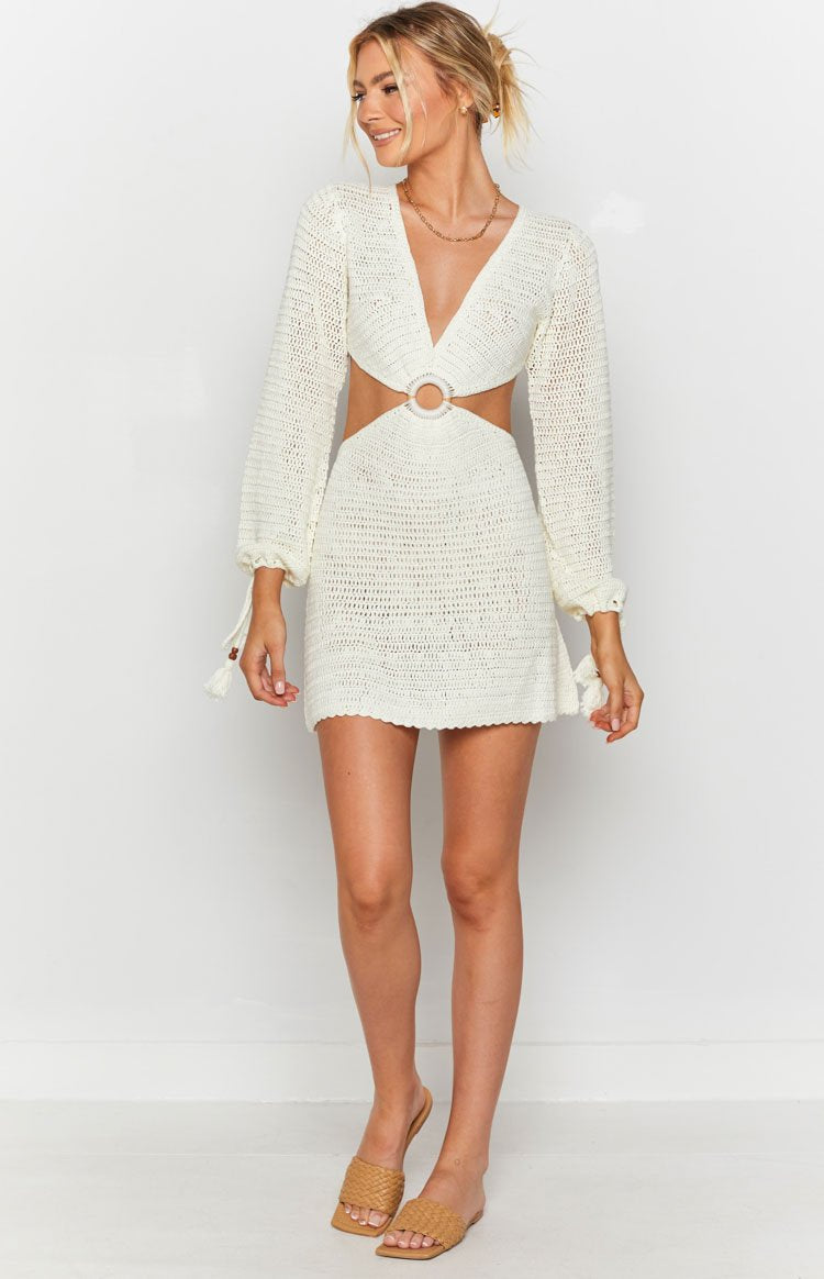 White crochet dress long on sale sleeve
