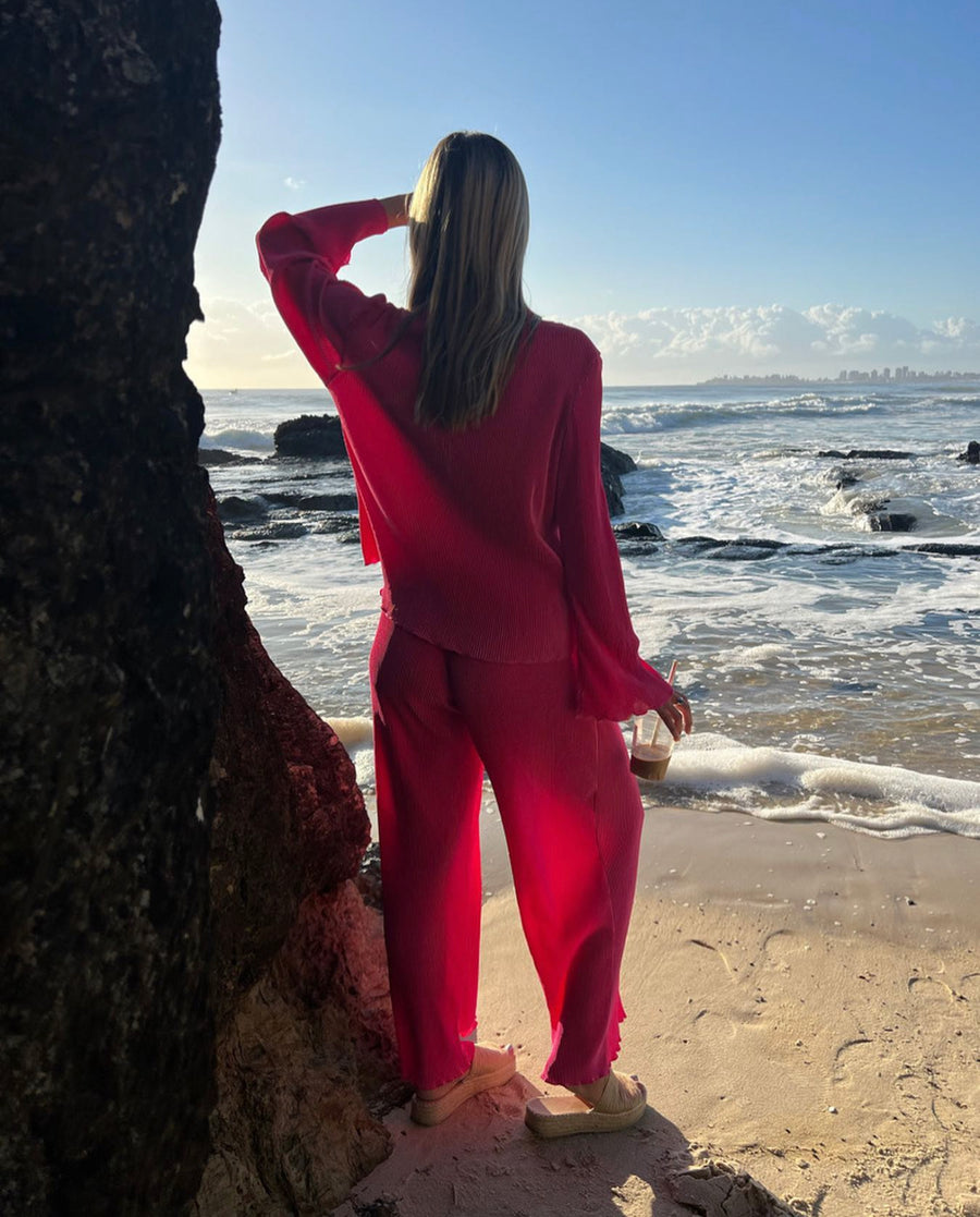 Kumiko Plisse Blouse And Pant Set Pink