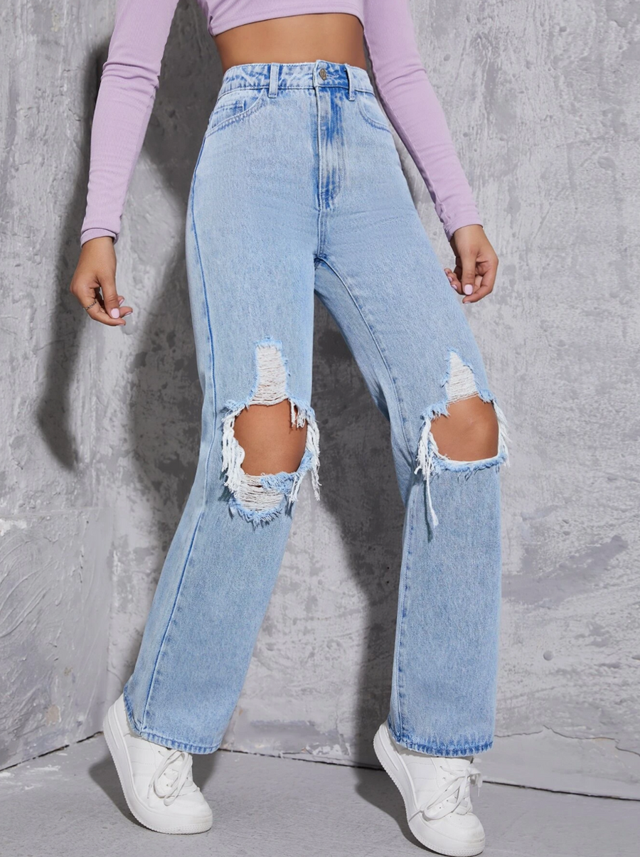 Topanga High Waist Ripped Straight Leg Jeans