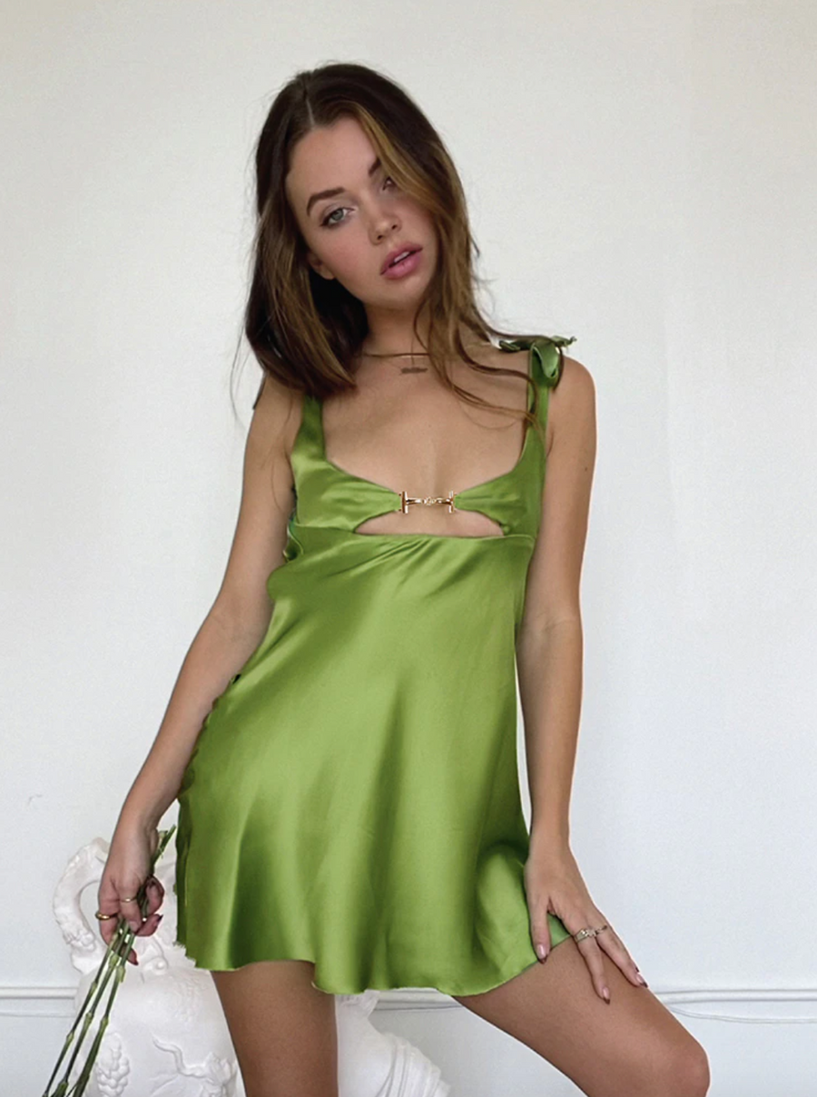 Louvre Satin Mini Dress Willow Green