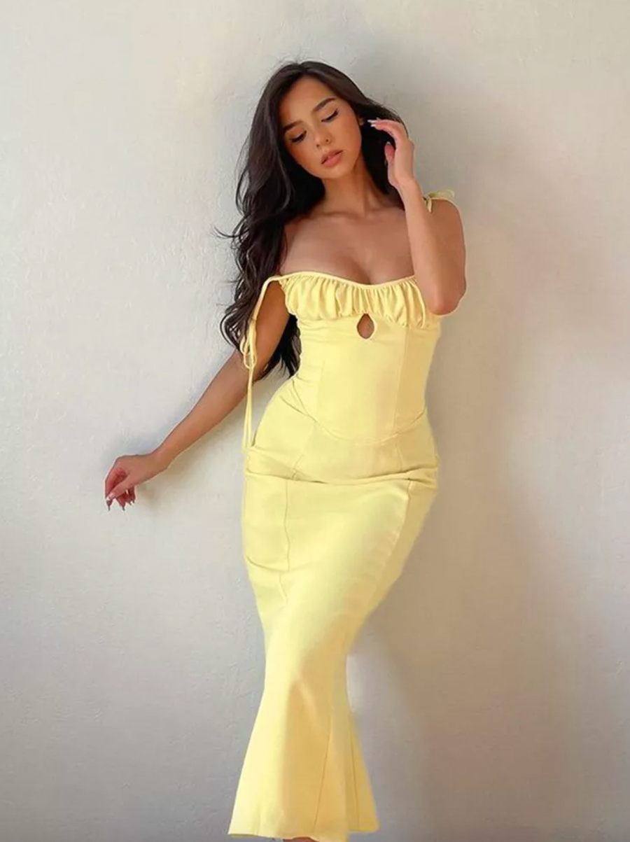 ruched yellow midi dress