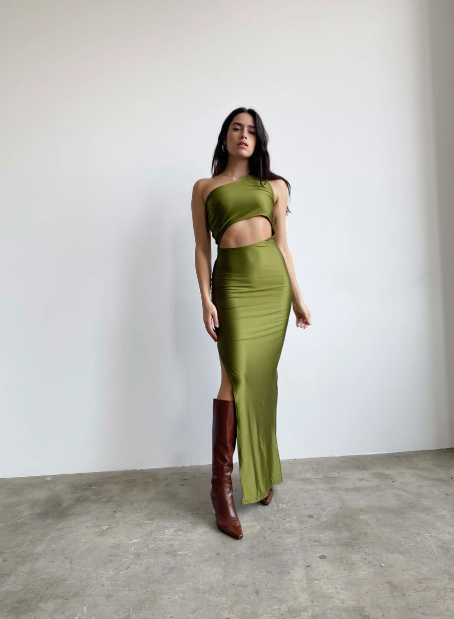 In Motion One shoulder Slit Maxi Dress