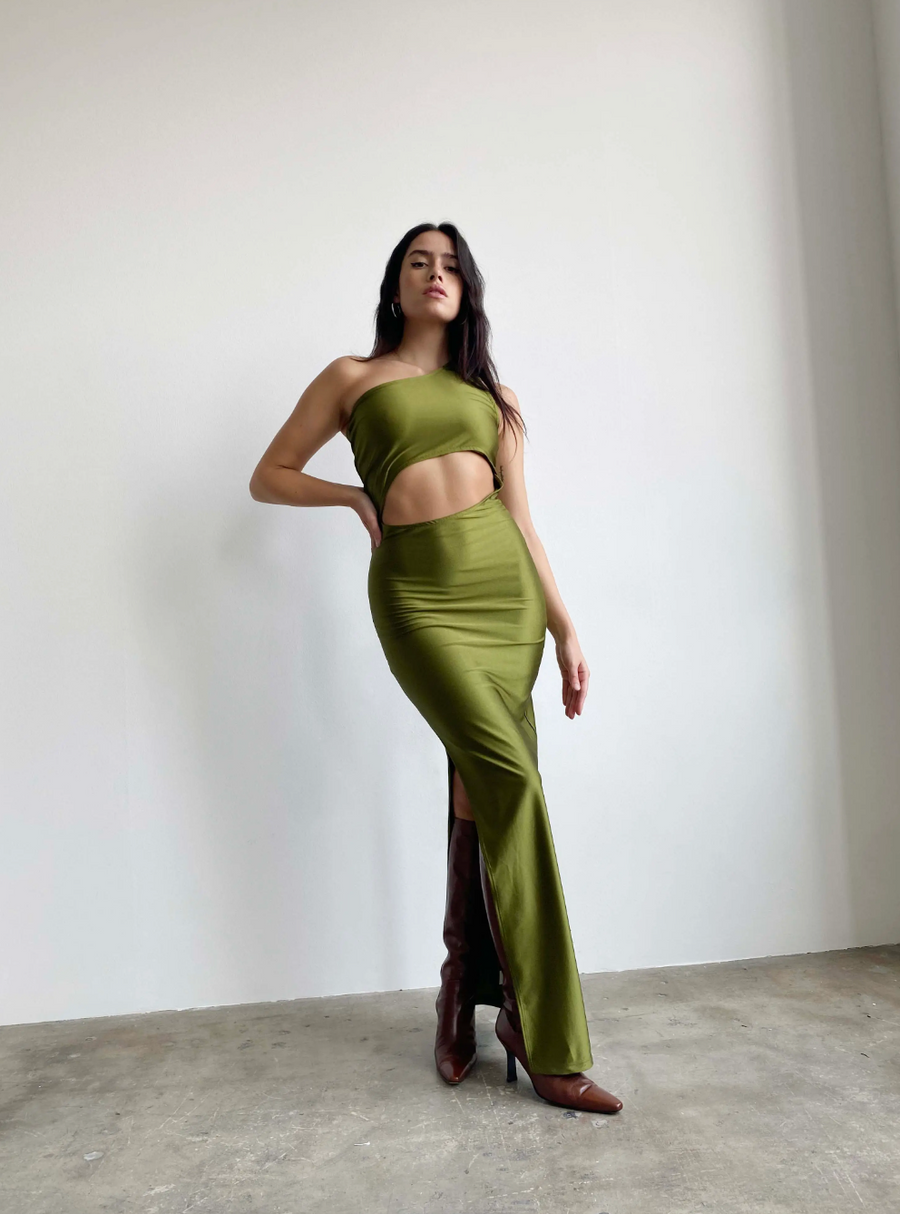 In Motion One shoulder Slit Maxi Dress