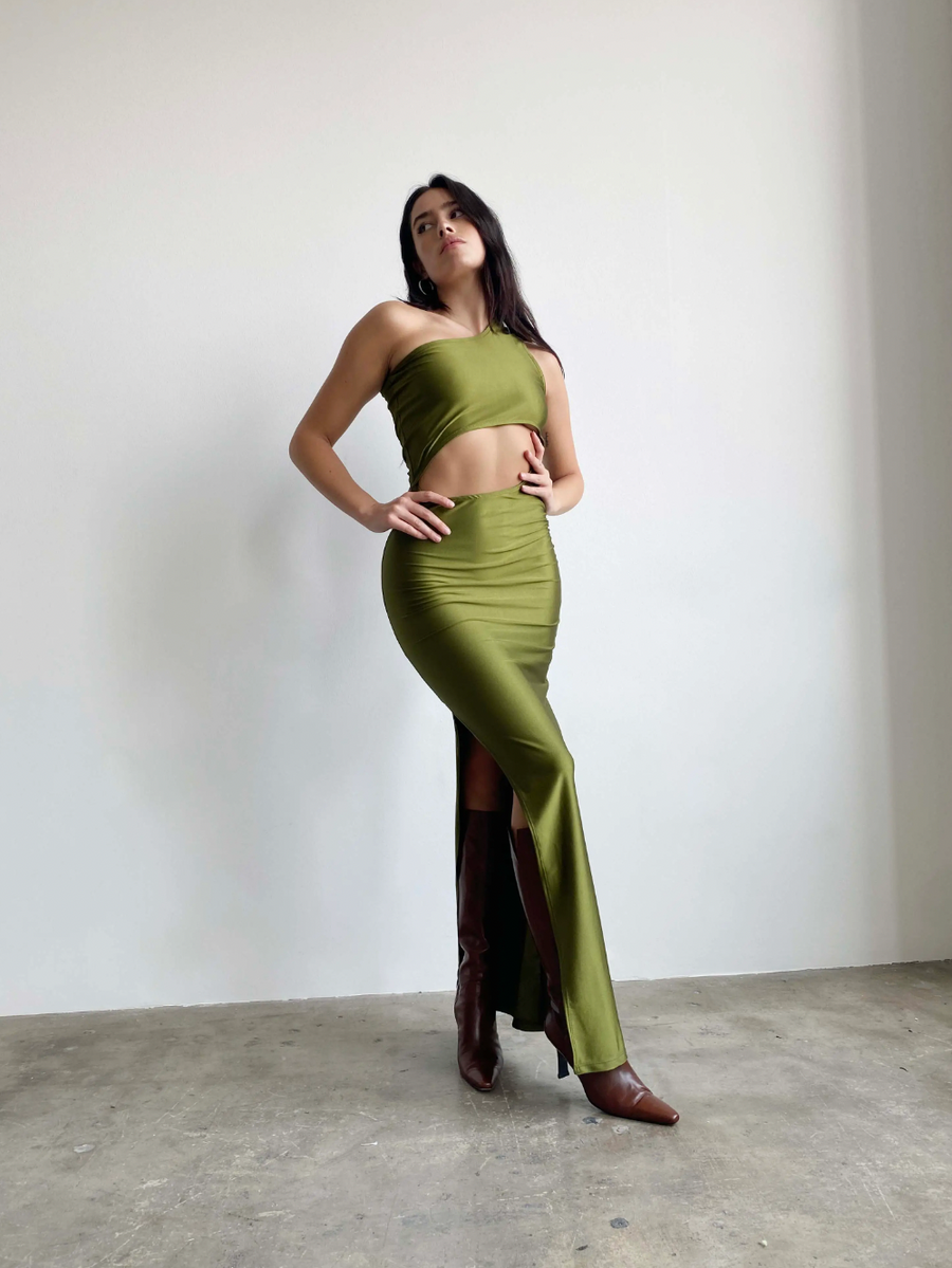 In Motion One shoulder Slit Maxi Dress