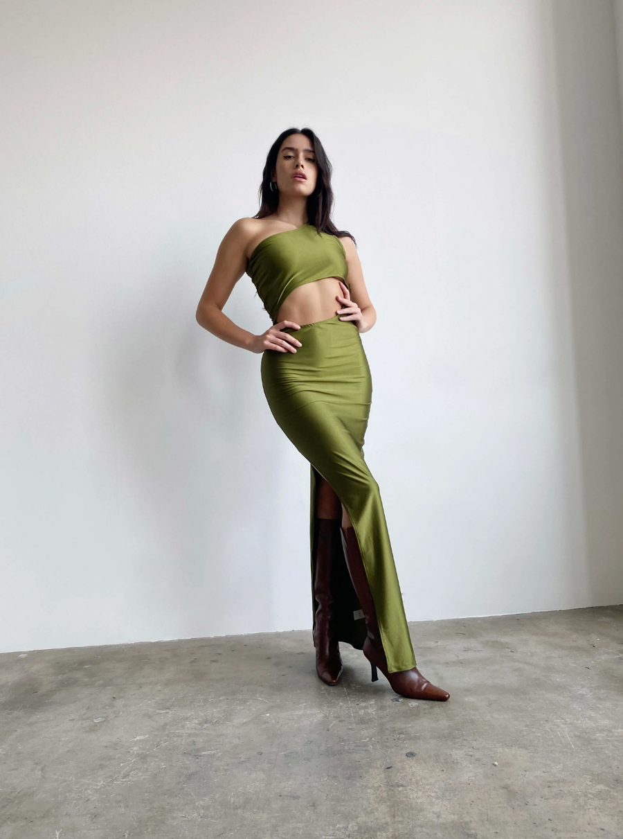 In Motion One shoulder Slit Maxi Dress