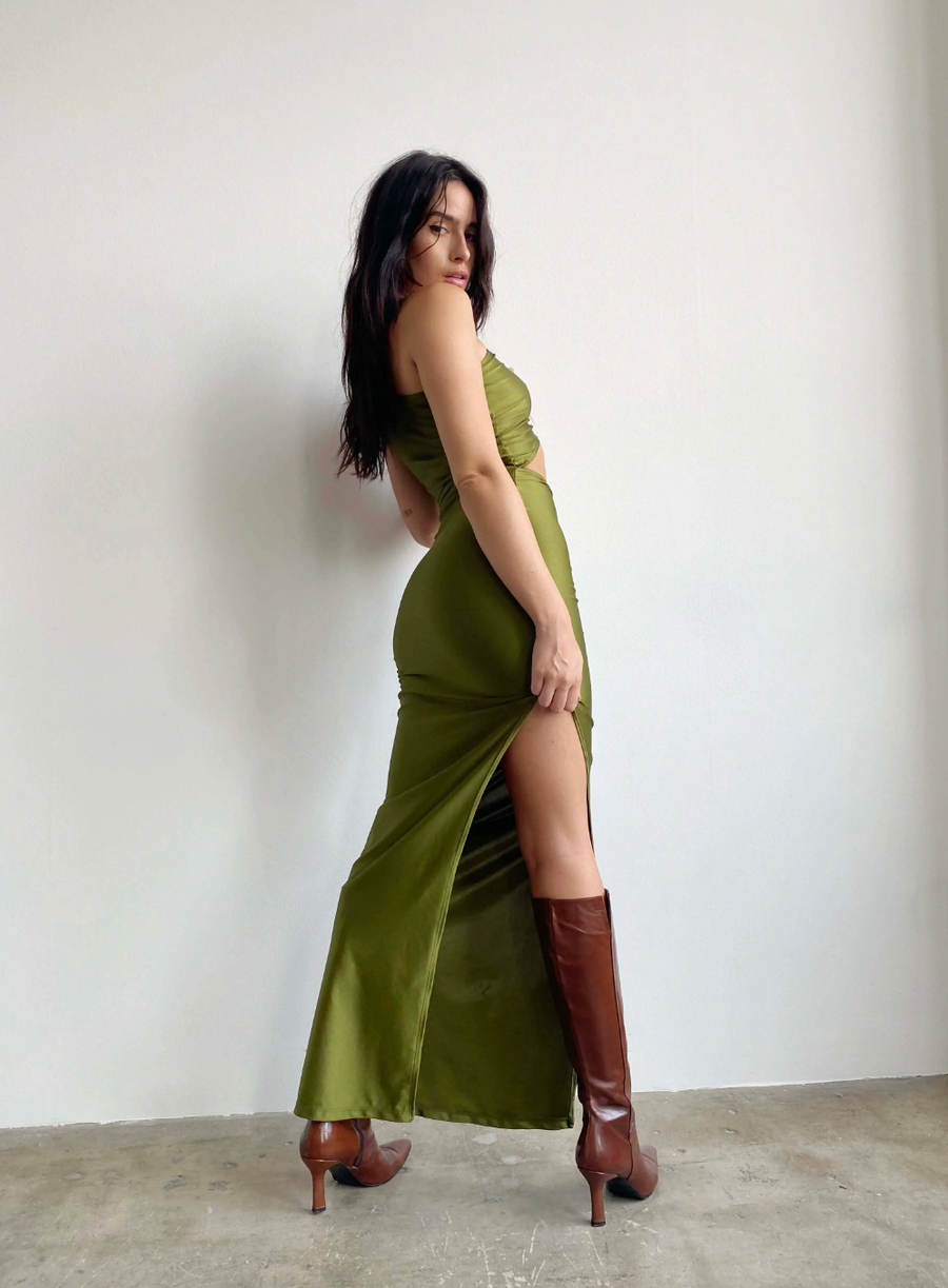 In Motion One shoulder Slit Maxi Dress