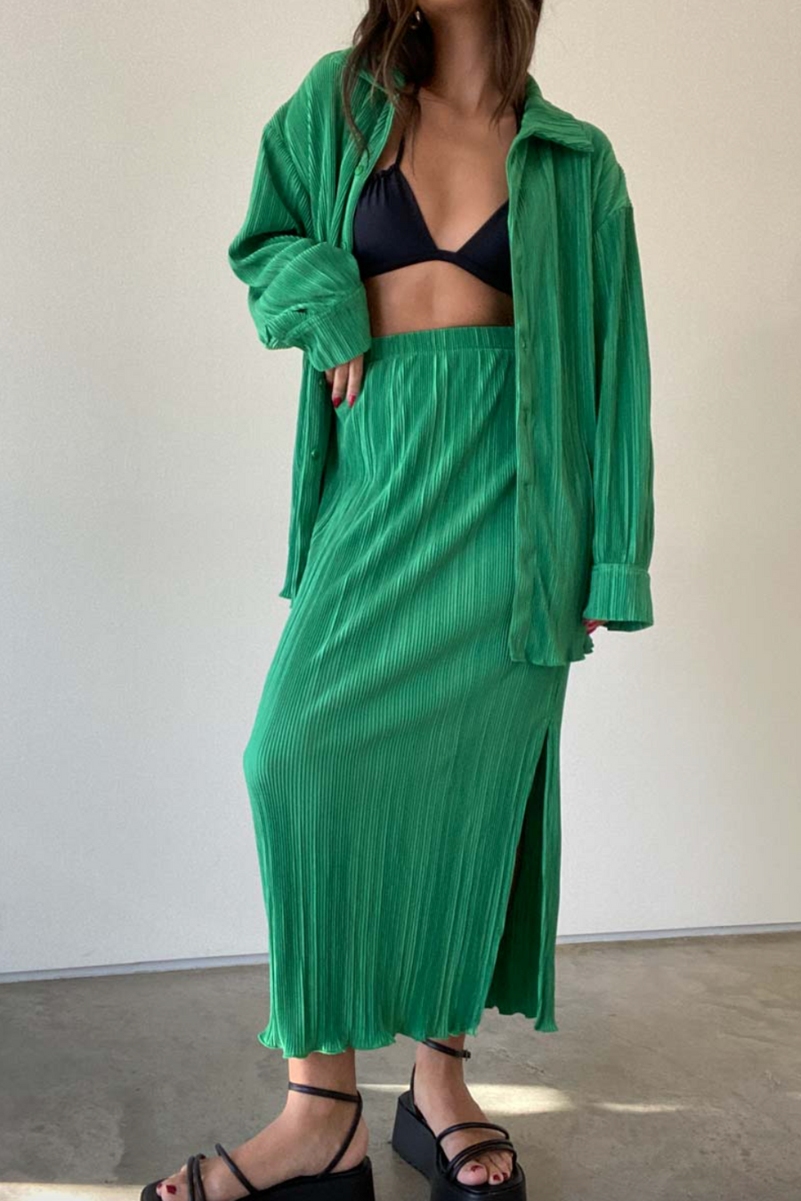 Tula Pleated Midi Skirt Set Green