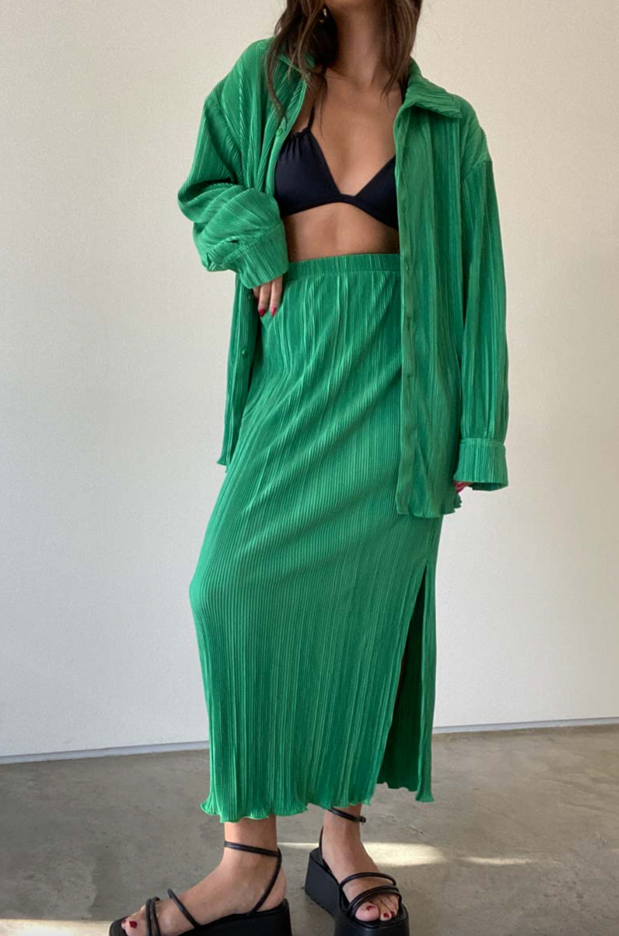 Tula Pleated Midi Skirt Set Green