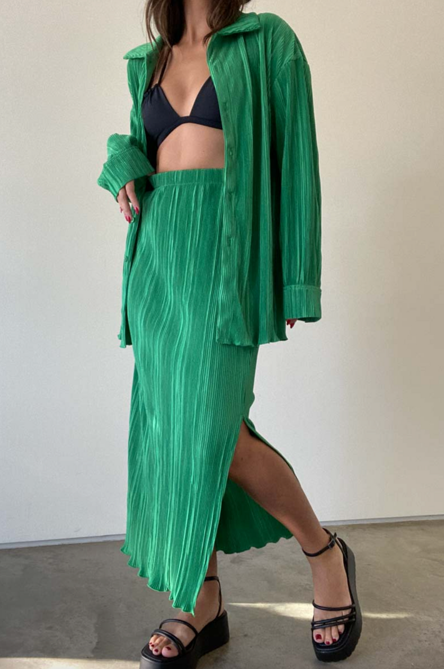 Tula Pleated Midi Skirt Set Green