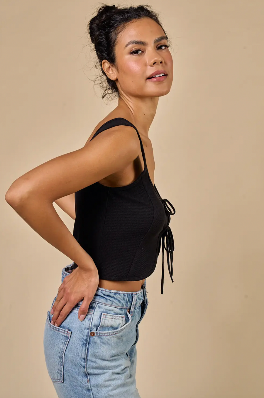 Jessie Front Tie Ribbed Top Black